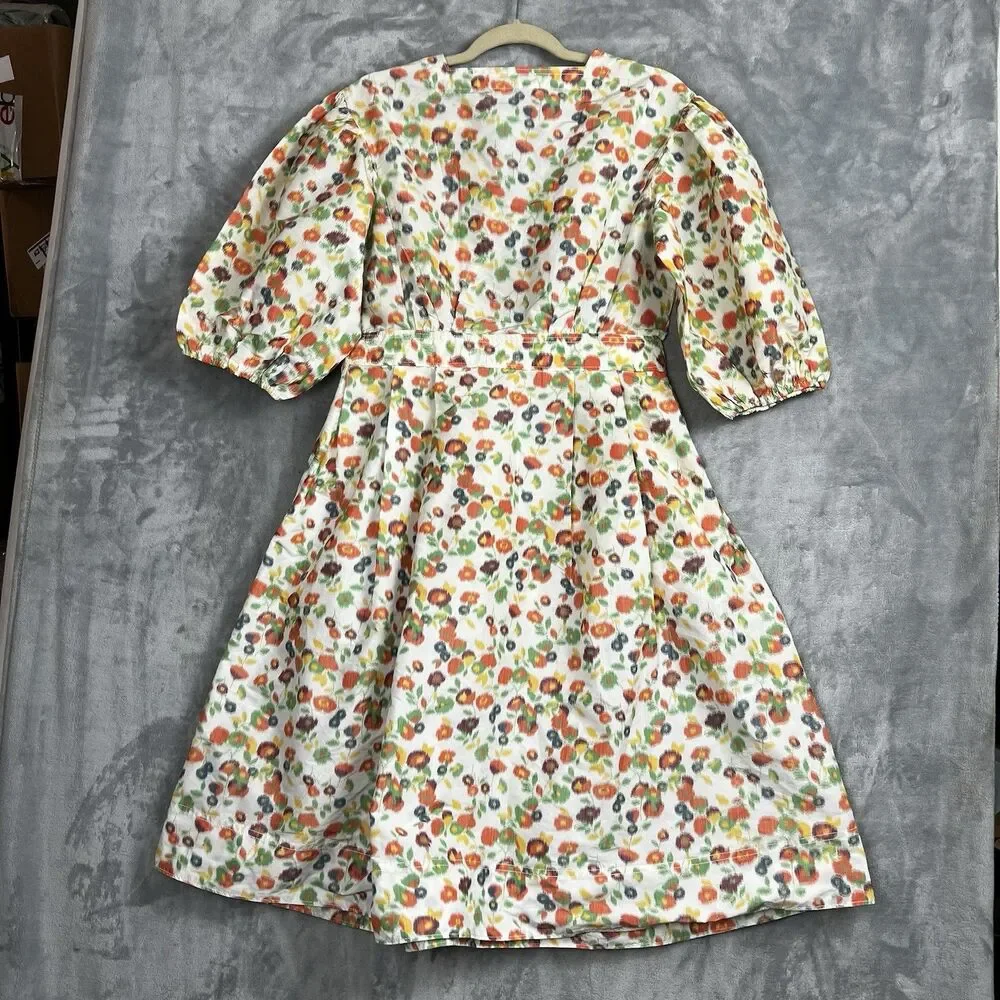 Tory Burch Taffeta Puffed Sleeve Dress Tossed Confetti Floral V-Neck 63672 SZ 10